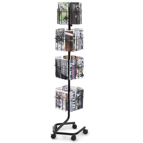Black 4-tier rotating brochure rack with 32 pockets and five caster wheels for mobility