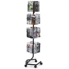 Black 4-tier rotating brochure rack with 32 pockets and five caster wheels for mobility