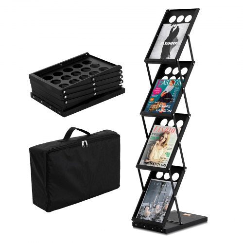 4-tier foldable magazine display rack with sturdy metal construction and portable design.