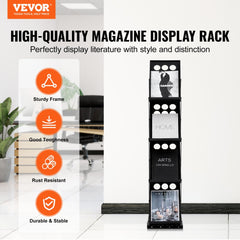 4-tier foldable magazine display rack with sturdy metal construction and portable design.