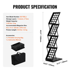 4-tier foldable magazine display rack with sturdy metal construction and carrying bag.