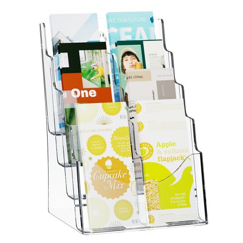 Clear acrylic brochure holder with 4 tiers for 8.5x11-inch literature display.
