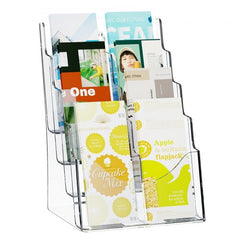 Clear acrylic brochure holder with 4 tiers for 8.5x11-inch literature display.