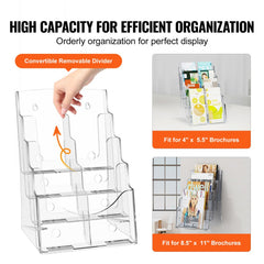 Clear acrylic brochure holder with four tiers for 8.5x11-inch literature display.