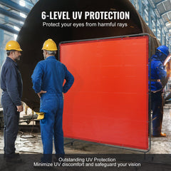Red flame-resistant vinyl welding curtain screen, 6x6 ft, with hanging holes for portability.