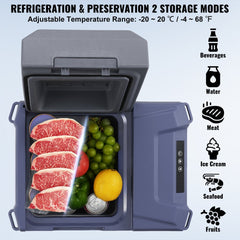 Bostome 12L portable car refrigerator freezer with LED screen and dual power compatibility.