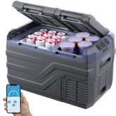 Gray Bostome 25L dual-zone portable compressor car fridge with open lid showing canned drinks and frozen treats inside, plus app control on smartphone.