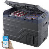 A dual-zone 32L portable car refrigerator freezer with an LED screen and Bluetooth control.
