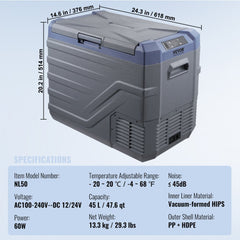Bostome 45L portable car refrigerator freezer with single-zone compressor and LED screen.