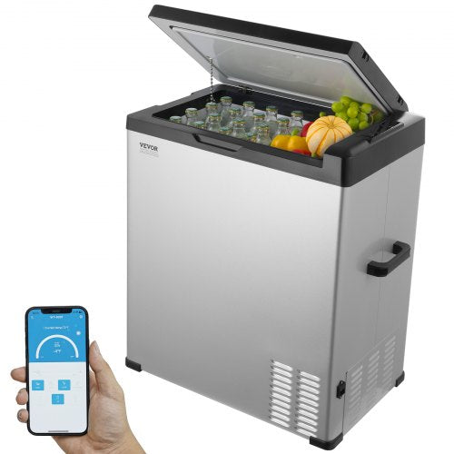 Bostome 70L portable car refrigerator freezer with compressor, LED screen, and Bluetooth control.
