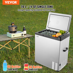 Bostome 70L portable car refrigerator freezer with compressor, LED screen, and Bluetooth control.