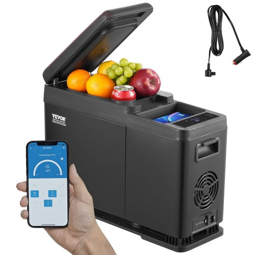 Black Bostome 8L portable car fridge with Bluetooth, LED display, and open lid showing fruits and drinks.