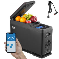 Black Bostome 8L portable car fridge with Bluetooth, LED display, and open lid showing fruits and drinks.