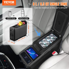 Bostome 8L single-zone portable car refrigerator freezer with compressor, armrest design, and wireless charging.