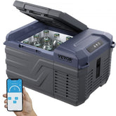 A 9L Bostome portable compressor car refrigerator freezer in gray, open with chilled bottles inside, and app control on a smartphone.