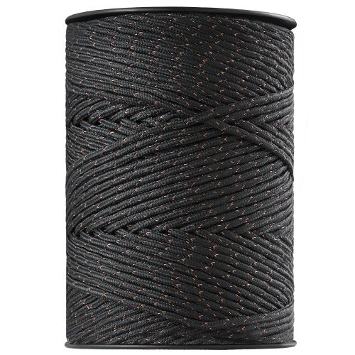 A 1000ft spool of black high tensile electric fence polywire with braided polyester and copper strands.