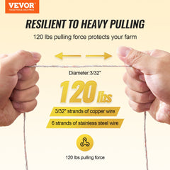 Bostome 2625ft electric fence polywire with 3/32-inch HDPE core and 9 mixed-metal conductors.