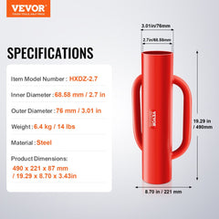 Red steel fence post driver with 2.7-inch inner diameter and ergonomic handles.