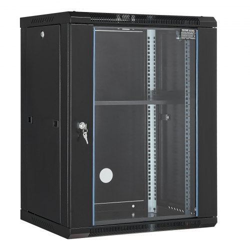 Black 15U wall mount server rack cabinet with glass door, lock, and 18-inch depth.
