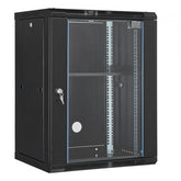 Black 15U wall mount server rack cabinet with glass door, lock, and 18-inch depth.