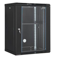 A black 15U wall mount server rack cabinet with a glass door and lock.