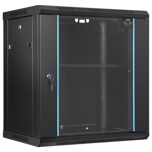 A black 12U wall mount server cabinet with tempered glass door, lock, and 15.5-inch depth.