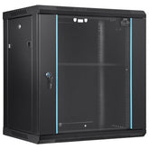 A black 12U wall mount server cabinet with tempered glass door, lock, and 15.5-inch depth.
