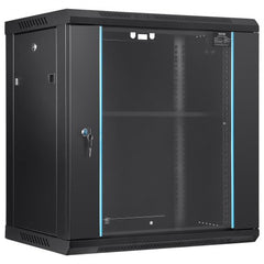 A black 12U wall mount server cabinet with tempered glass door, lock, and 15.5-inch depth.