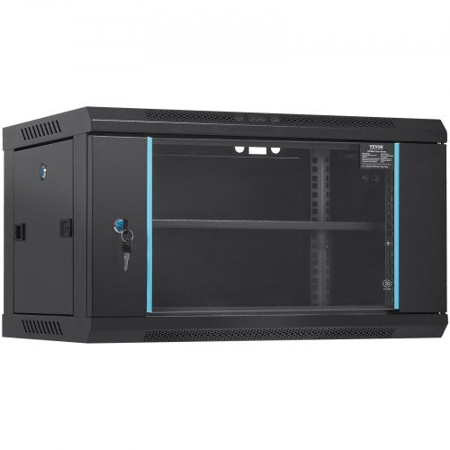 Black 6U wall-mount server cabinet with lockable glass doors and vented sides, 15.5 inches deep.