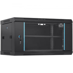 Black 6U wall-mount server cabinet with lockable glass doors and vented sides, 15.5 inches deep.