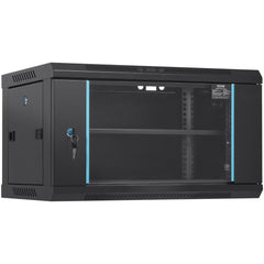 Black 6U wall-mount server cabinet with lockable glass door, vented sides, and adjustable rails, 15.5 inches deep.
