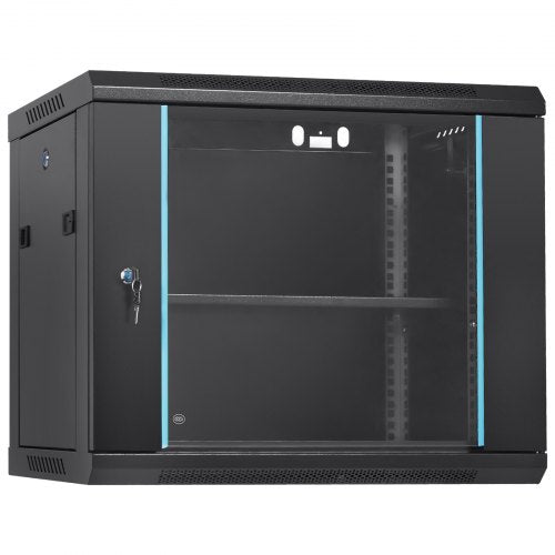 Black 9U wall mount server cabinet with glass door, 15.5-inch depth, and lock.