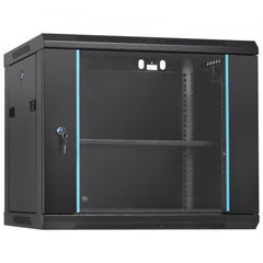 Black 9U wall mount server cabinet with glass door, 15.5-inch depth, and lock.