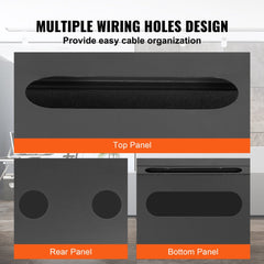 Diagram of Bostome 9U server cabinet panels showing multiple wiring holes for cable organization on top, rear, and bottom.