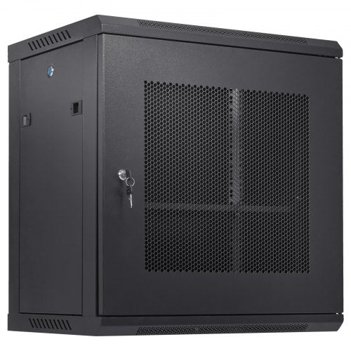 Black 12U wall-mount server cabinet with vented doors, lock, and 15.5-inch depth.