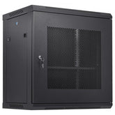 Black 12U wall-mount server cabinet with vented doors, lock, and 15.5-inch depth.