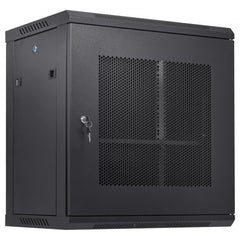Black 12U wall-mount server cabinet with vented doors, lock, and 15.5-inch depth.