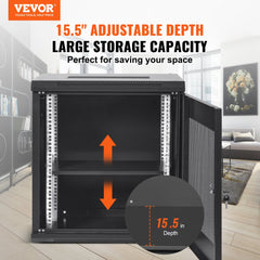 12U wall mount server cabinet with 15.5-inch adjustable depth and large storage space.