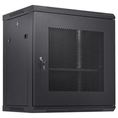 A black 12U wall mount server cabinet with vented doors, lock, and 15.5-inch depth.
