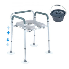 Adjustable-height commode chair with padded seat, armrests, and removable bucket.