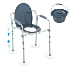 Bostome commode chair with adjustable height, steel frame, and non-slip armrests for stability.