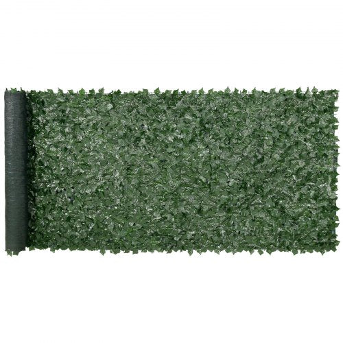 Artificial ivy privacy fence with green leaves on a plastic frame, measuring 59"x158".