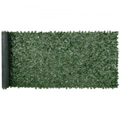Artificial ivy privacy fence with green leaves on a plastic frame, measuring 59"x158".