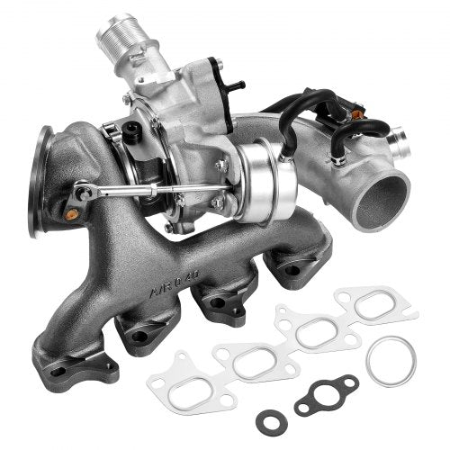 Bostome turbocharger kit with valve for Chevy Cruze 1.4T, showing assembled unit with impeller, hoses, and gaskets.