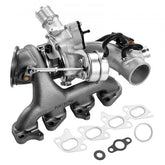 Bostome turbocharger kit with valve for Chevy Cruze 1.4T, showing assembled unit with impeller, hoses, and gaskets.