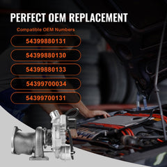 Bostome turbocharger kit installed in a Ford Escape engine bay, showing OEM numbers.