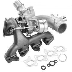 Silver turbocharger kit with manifold and gaskets for Chevy Cruze 1.4T engine.