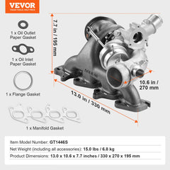 Bostome turbocharger kit for Chevy Cruze 2011-2019 1.4T engine with dimensions and gaskets.