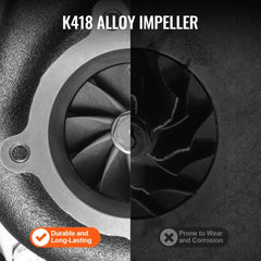 Bostome GT3582R turbocharger with gasket kit, featuring ductile iron housing and nickel alloy turbine.