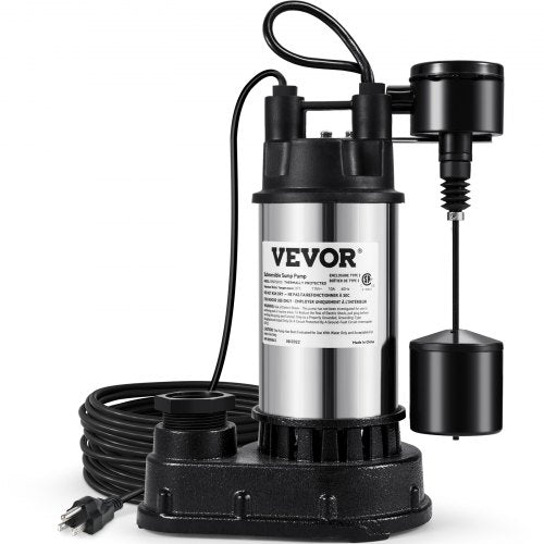 Bostome 1.5 HP submersible sump pump with cast iron body and vertical float switch.